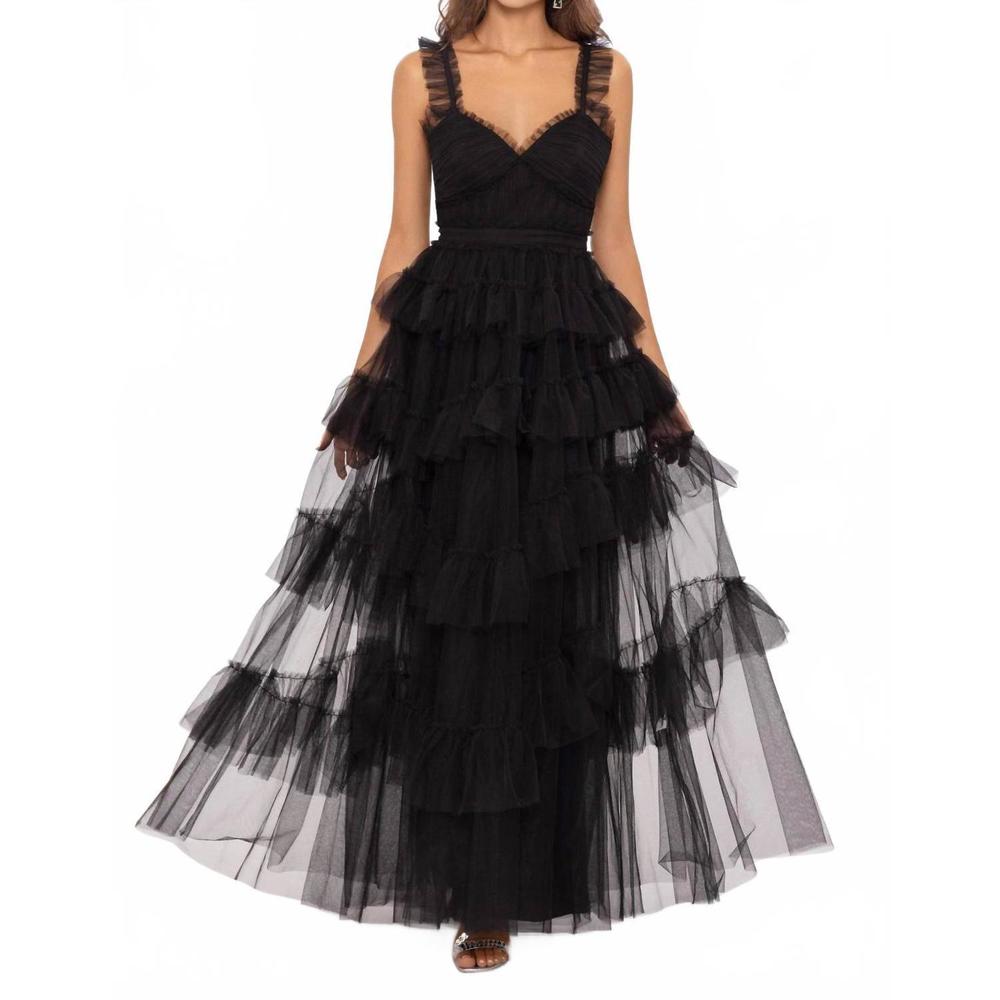 NEW BETSY & ADAM gigi long ruffle mesh dress in black - Picture 1 of 3